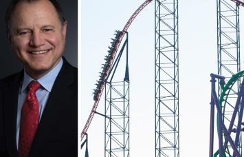 Six Flags CEO Richard Zimmerman and the Super Man: Ride of Steel roller coaster at Six Flags America, Bowie, Md.