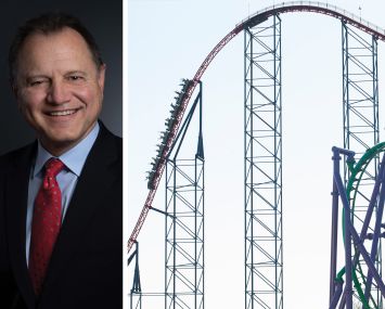 Six Flags CEO Richard Zimmerman and the Super Man: Ride of Steel roller coaster at Six Flags America, Bowie, Md.
