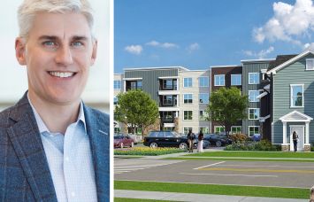 The Garrett Companies' Rob Martinson and a rendering of a planned 224-unit multifamily development in Longmont, Colo.
