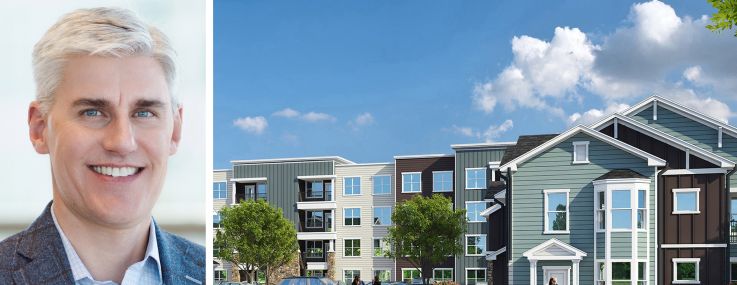 The Garrett Companies' Rob Martinson and a rendering of a planned 224-unit multifamily development in Longmont, Colo.