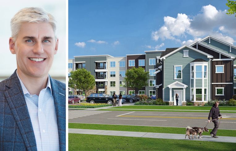 The Garrett Companies' Rob Martinson and a rendering of a planned 224-unit multifamily development in Longmont, Colo.