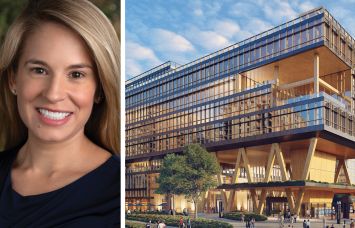 Sarah Hawkins, Hines' East Region CEO, and a conceptual rendering of a life sciences building at a proposed development near the North Bethesda rail station.