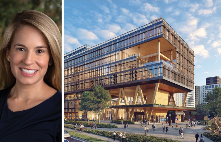 Sarah Hawkins, Hines' East Region CEO, and a conceptual rendering of a life sciences building at a proposed development near the North Bethesda rail station.