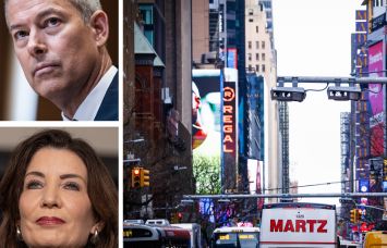 Secretary of Transportation Sean Duffy, Gov. Kathy Hochul, and traffic on 42nd Street.