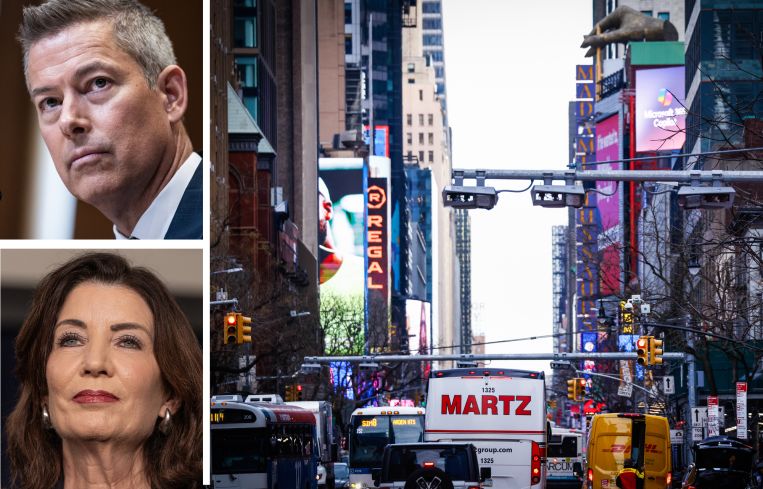 Secretary of Transportation Sean Duffy, Gov. Kathy Hochul, and traffic on 42nd Street.