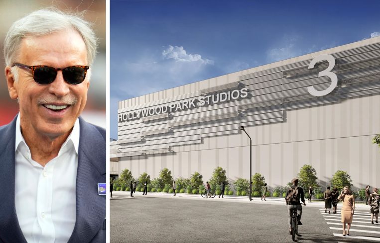 Los Angeles Rams owner E. Stanley Kroenke and a rendering of Hollywood Park Studios.