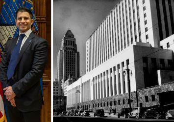 GSA Administrator Stephen Ehikian and the Los Angeles Spring Street Courthouse in the 1940s.