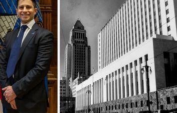 GSA Administrator Stephen Ehikian and the Los Angeles Spring Street Courthouse in the 1940s.