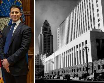 GSA Administrator Stephen Ehikian and the Los Angeles Spring Street Courthouse in the 1940s.