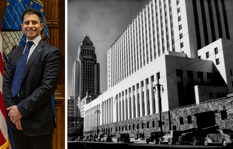 GSA Administrator Stephen Ehikian and the Los Angeles Spring Street Courthouse in the 1940s.