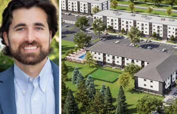 Peachtree Group's Taylor Pike and a rendering for REV Development's planned Heartland Flats apartment project in Lincoln, Neb.