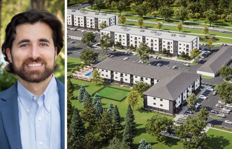 Peachtree Group's Taylor Pike and a rendering for REV Development's planned Heartland Flats apartment project in Lincoln, Neb.