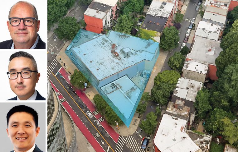 Meridian Investment Sales' Thomas Donovan, Eugene Kim and Tommy Lin, and 673, 691 and 695 Fulton Street in Brooklyn.