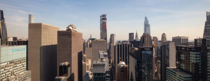 Aerial view of Midtown Manhattan's forest of skyscrapers.