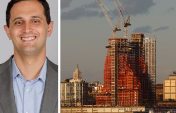 Zachary Steinberg, REBNY senior vice president of policy, and a skyscraper under construction in Manhattan.