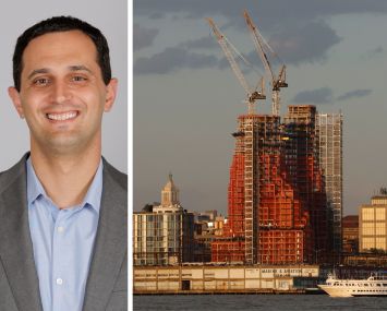 Zachary Steinberg, REBNY senior vice president of policy, and a skyscraper under construction in Manhattan.