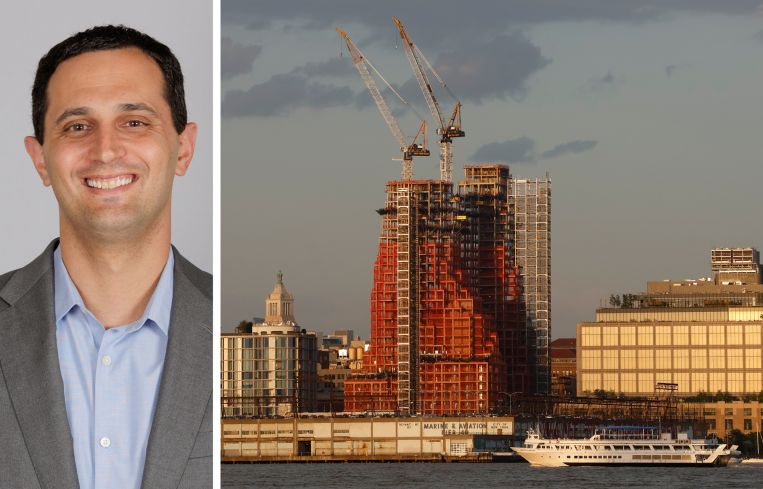Zachary Steinberg, REBNY senior vice president of policy, and a skyscraper under construction in Manhattan.