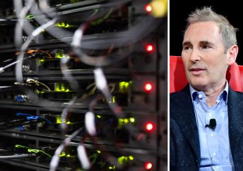 Servers in a data center and Amazon CEO Andy Jassy.
