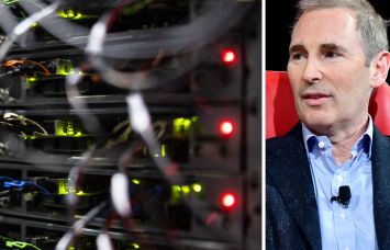 Servers in a data center and Amazon CEO Andy Jassy.