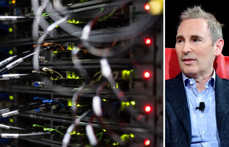 Servers in a data center and Amazon CEO Andy Jassy.