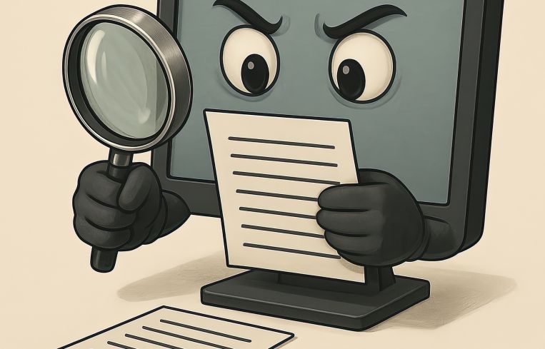 An illustration of a computer with a face reading a document.