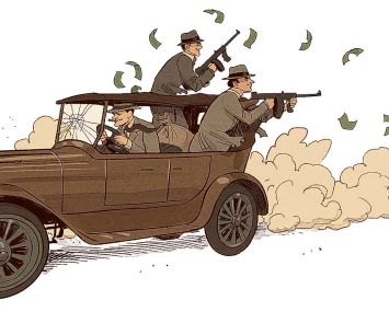 Illustration of men in a speeding car firing machine guns behind themselves.