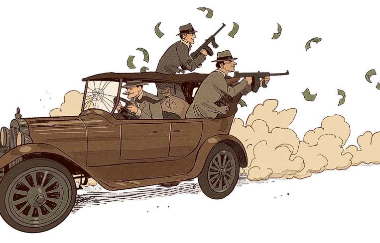 Illustration of men in a speeding car firing machine guns behind themselves.