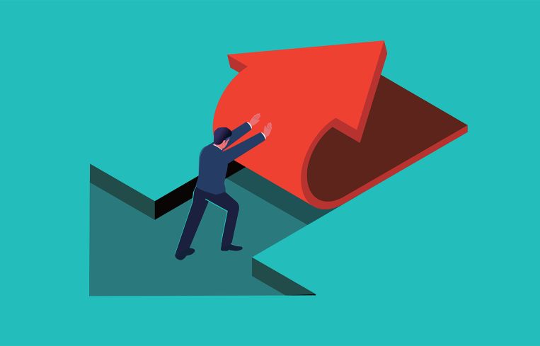 An illustration of a person pushing an arrow in the opposite direction.