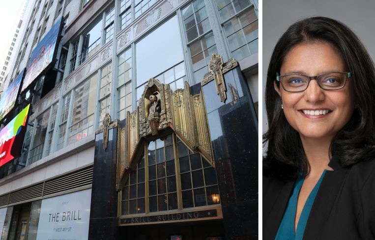 The Brill Building at 1619 Broadway and Priyanka Garg of Mack Real Estate Credit Strategies.