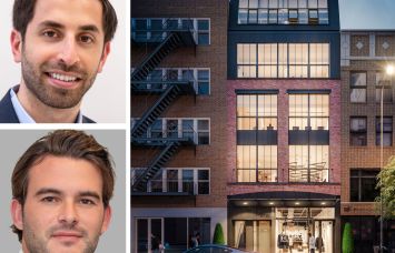 Adam Henick of Current Real Estate Advisors, Sam Hoffman of Cushman & Wakefield, and a rendering of 216 Bowery Street.