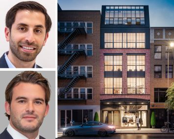 Adam Henick of Current Real Estate Advisors, Sam Hoffman of Cushman & Wakefield, and a rendering of 216 Bowery Street.