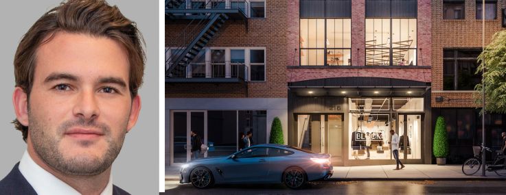 Adam Henick of Current Real Estate Advisors, Sam Hoffman of Cushman & Wakefield, and a rendering of 216 Bowery Street.
