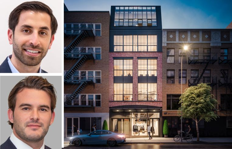 Adam Henick of Current Real Estate Advisors, Sam Hoffman of Cushman & Wakefield, and a rendering of 216 Bowery Street.