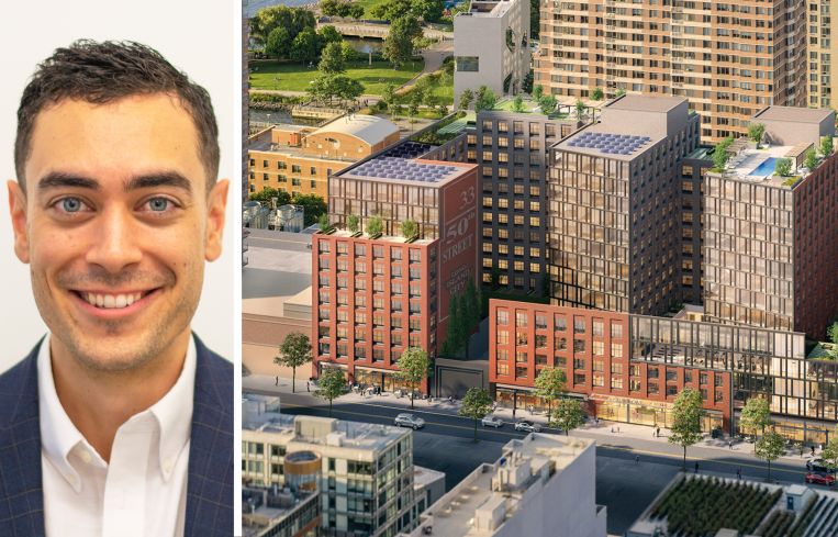 Adam Joly of Igloo and a rendering of Jasper at 2-33 50th Avenue, Queens.