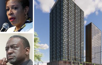 City Council Speaker Adrienne Adams, City Councilmember Yusef Salaam, and a rendering of One45 in Harlem.