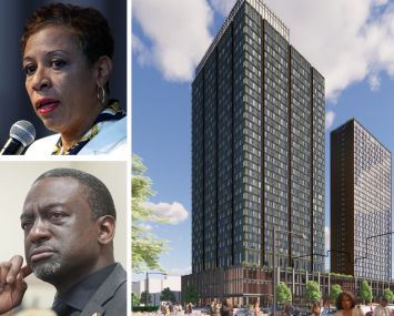City Council Speaker Adrienne Adams, City Councilmember Yusef Salaam, and a rendering of One45 in Harlem.