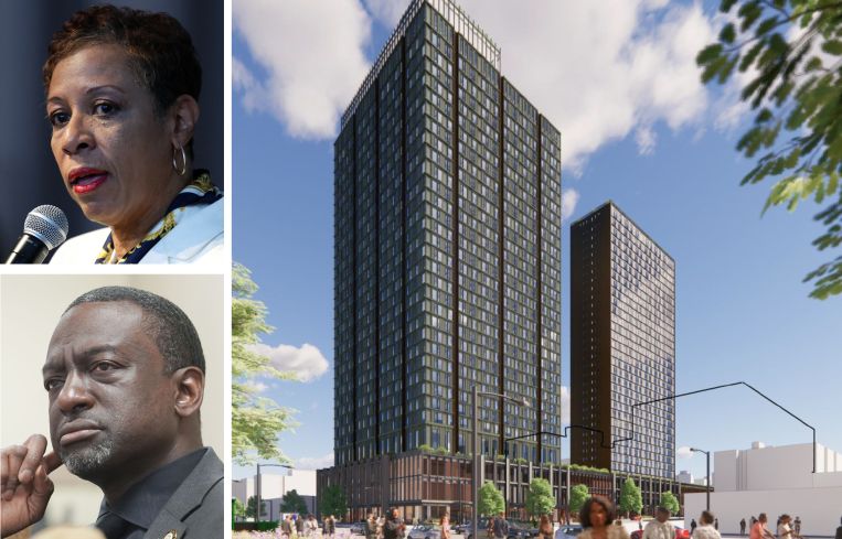 City Council Speaker Adrienne Adams, City Councilmember Yusef Salaam, and a rendering of One45 in Harlem.