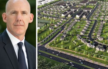 Hines senior managing director Andrew McGeorge and a rendering of Hines' development project at Thomas Farm at Bristow Station.