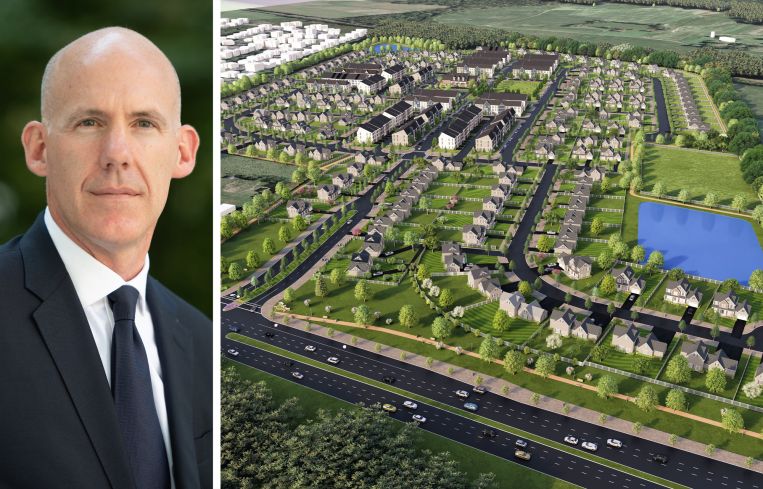 Hines senior managing director Andrew McGeorge and a rendering of Hines' development project at Thomas Farm at Bristow Station.