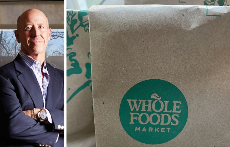 Starwood's Barry Sternlicht and a close-up of a paper bag from Whole Foods Market.