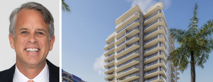 Bobby Julien, CEO of Kolter Group, and a rendering of a planned development at 3705 South Flagler Drive, West Palm Beach, Fla.