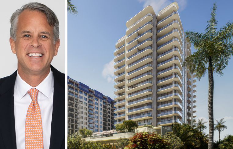Bobby Julien, CEO of Kolter Group, and a rendering of a planned development at 3705 South Flagler Drive, West Palm Beach, Fla.