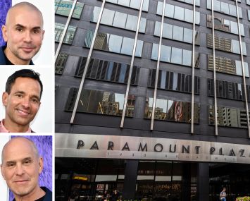 Paramount Global's co-CEOs Chris McCarthy, George Cheeks, and Brian Robbins, and 1633 Broadway.