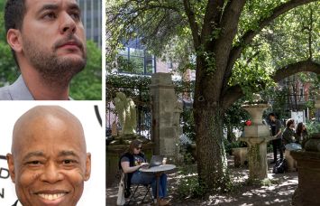 City Councilmember Christopher Marte, Mayor Eric Adams, and the Elizabeth Street Garden.