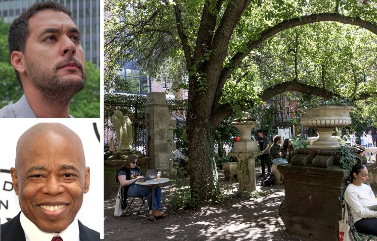 City Councilmember Christopher Marte, Mayor Eric Adams, and the Elizabeth Street Garden.