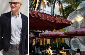 Dacra CEO Craig Robins and patrons sitting outside at a restaurant in the Miami Design District.