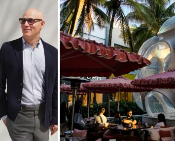 Dacra CEO Craig Robins and patrons sitting outside at a restaurant in the Miami Design District.