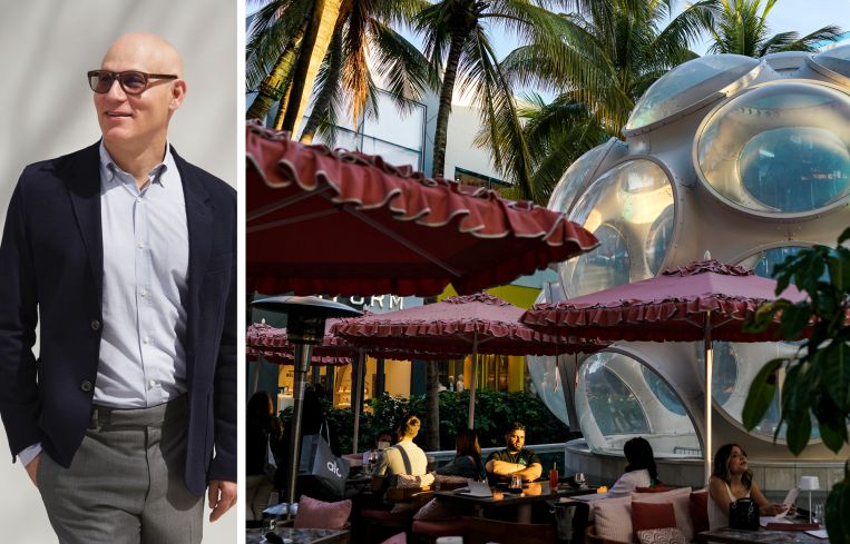 Dacra CEO Craig Robins and patrons sitting outside at a restaurant in the Miami Design District.