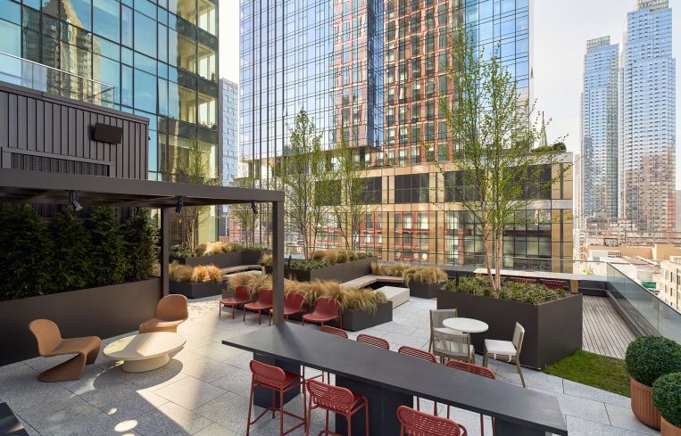 The building also features 20,000 square feet of indoor and outdoor amenities, including a rooftop lounge on the 46th floor.