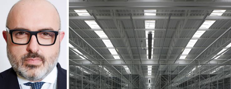 Dino Papparelli of Deutsche Bank and the interior of a warehouse.